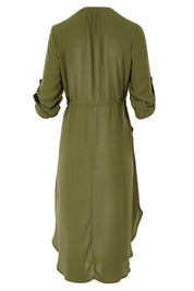Product shot of The Zip Front Midi Dress in colour Khaki (Green), from the back