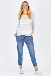 Model Anna wearing size 10 of The Cross Over Top in colour GreyStripe (Grey), from the front, showing the whole outfit