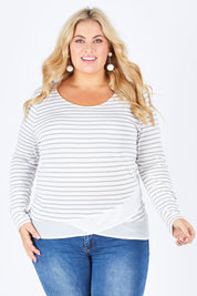 Model Sophie wearing size 18 of The Cross Over Top in colour GreyStripe (Grey), from the front, cropped image
