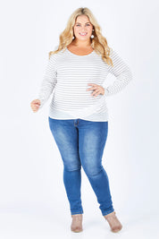Model Sophie wearing size 18 of The Cross Over Top in colour GreyStripe (Grey), from the front, showing the whole outfit