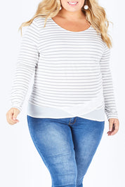 Model Sophie wearing The Cross Over Top in colour GreyStripe (Grey), from the front, cropped image