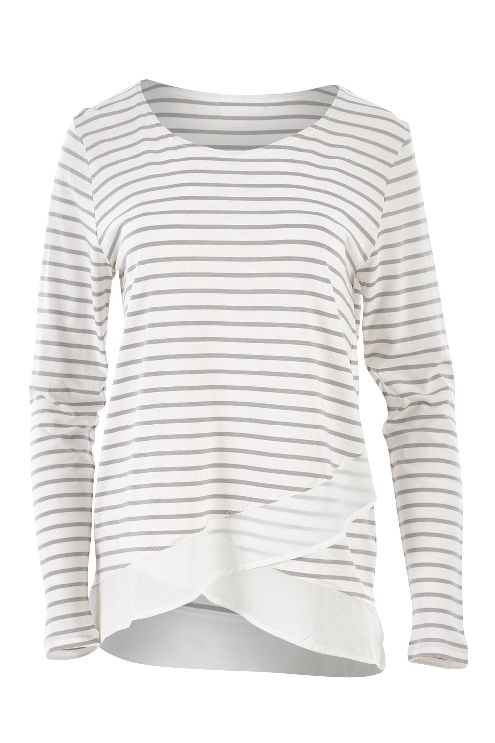 Product shot of The Cross Over Top in colour GreyStripe (Grey), from the front