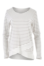 Product shot of The Cross Over Top in colour GreyStripe (Grey), from the front