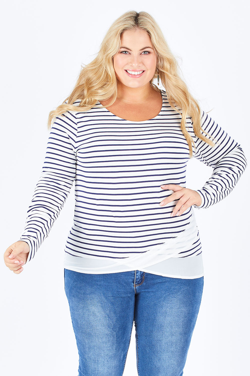 Model Sophie wearing size 18 of The Cross Over Top in colour NavyStripe (Blue), from the front, cropped image
