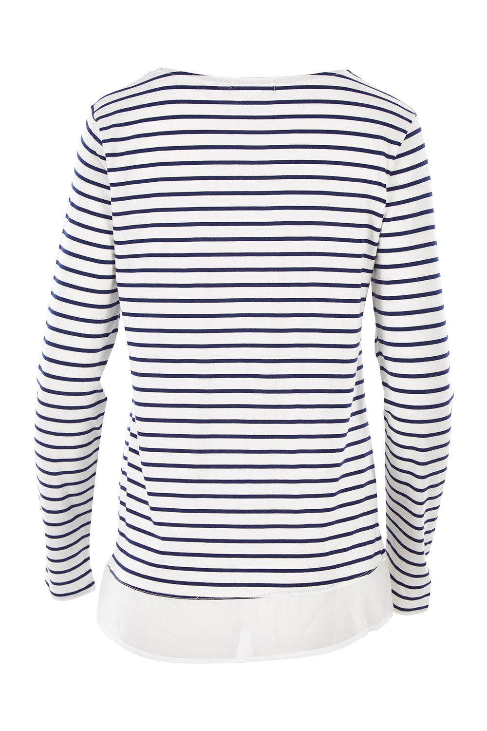 Product shot of The Cross Over Top in colour NavyStripe (Blue), from the back