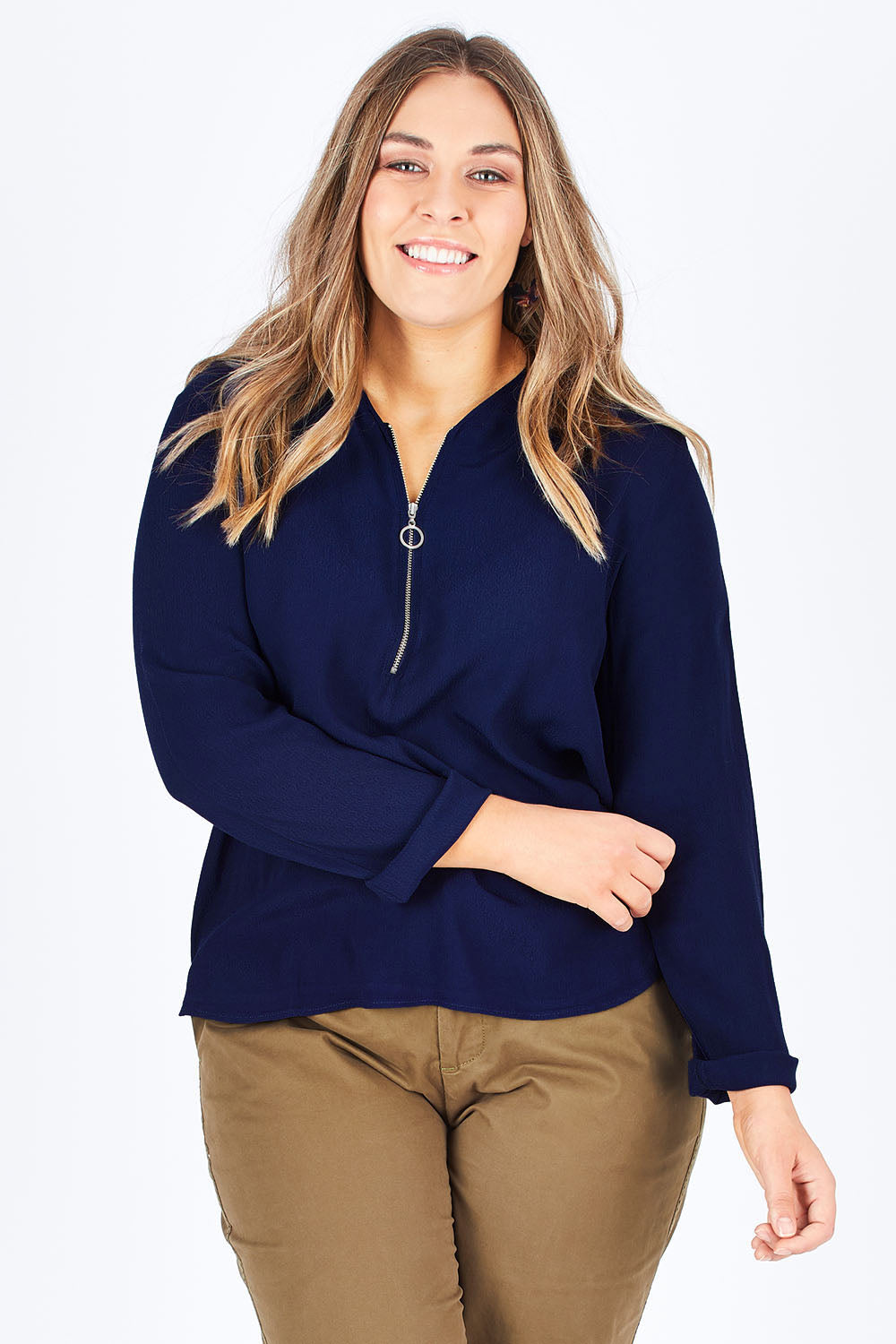 Model Natalia wearing size 14 of The Zip Front Blouse in colour Navy (Blue), from the front, cropped image