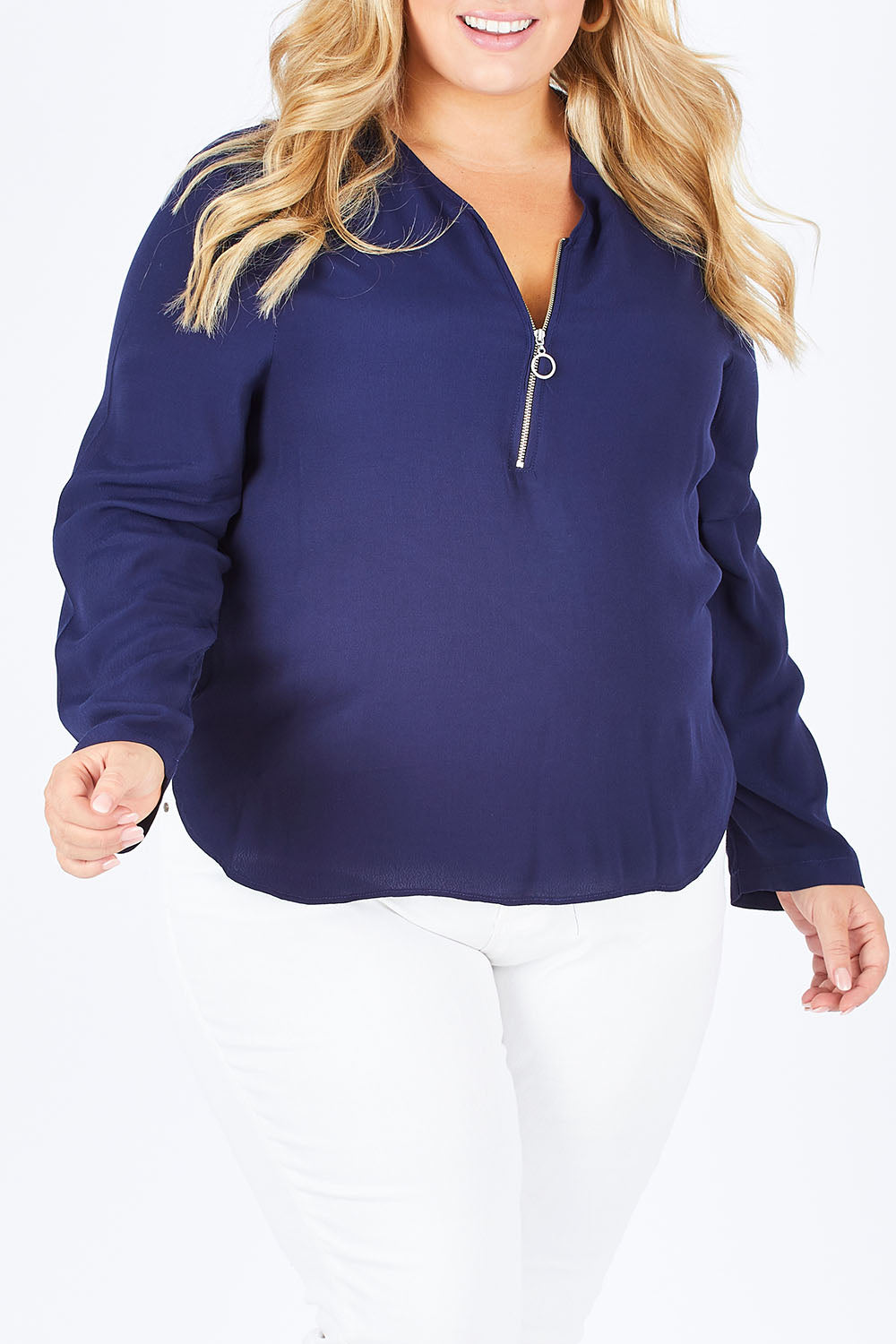 Model Sophie wearing size 18 of The Zip Front Blouse in colour Navy (Blue), from the front, cropped image