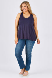 Model Ljubenka wearing size 18 of The Pintuck Back Tank in colour InsigBlue (Blue), from the front, showing the whole outfit