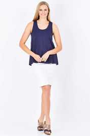 Model Maddy wearing size 10 of The Pintuck Back Tank in colour InsigBlue (Blue), from the front, showing the whole outfit