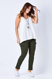 Model Laura wearing size 12 of The Pintuck Back Tank in colour OffWhite (White), from the front, showing the whole outfit