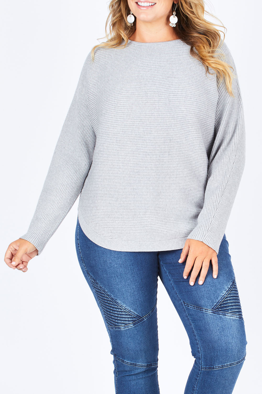 Model Fiona wearing size XL of The Daily Essential Jumper in colour Grey (Grey), from the front, cropped image