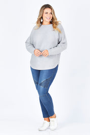 Model Fiona wearing size XL of The Daily Essential Jumper in colour Grey (Grey), from the front, showing the whole outfit