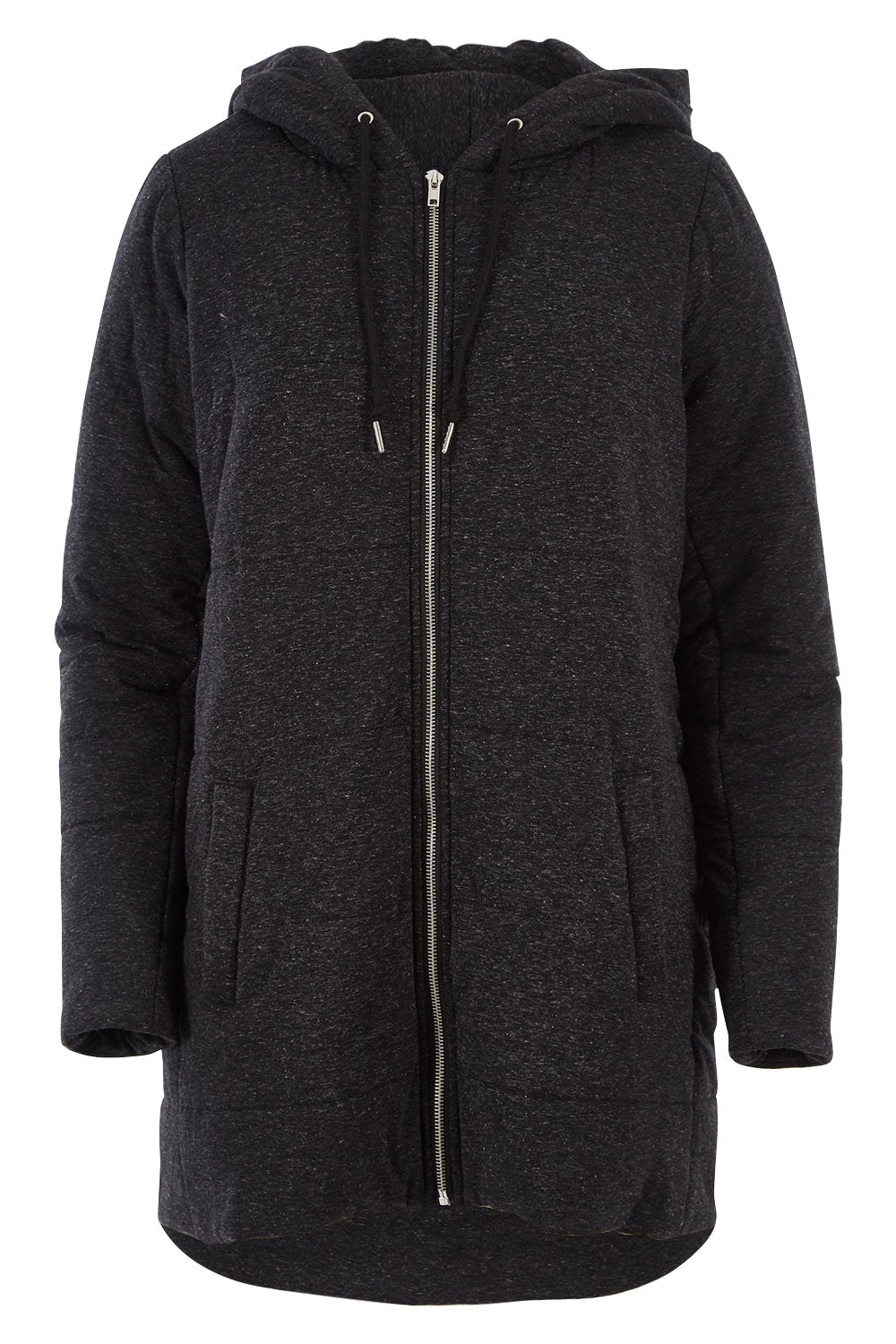 Product shot of The Luxe Puffer Jacket in colour Charcoal (Black), from the front