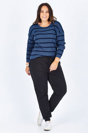 Model Stacey wearing size M of The Cotton Blend Stripe Jumper in colour BlueStripe (Blue), from the front, showing the whole outfit