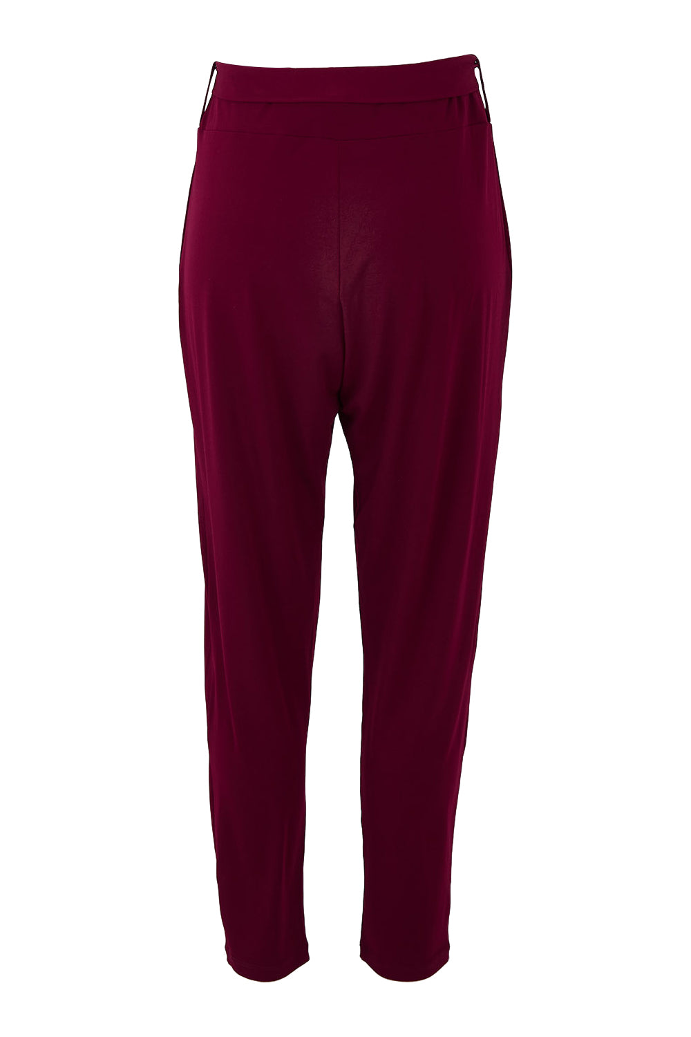 Product shot of The Comfort Pant in colour Port (Red), from the back