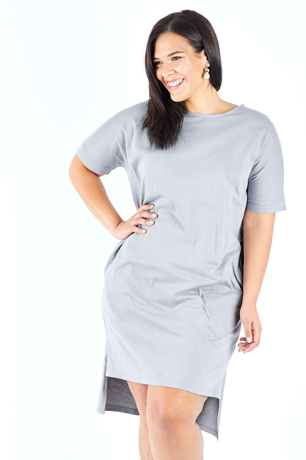 Model Lauren wearing size 18 of The Straight Hem Day Dress in colour Grey (Grey), from the front, cropped image