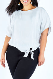Model Lauren wearing size 18 of The Luxe Tie Front Top in colour Silver (Grey), from the front, cropped image