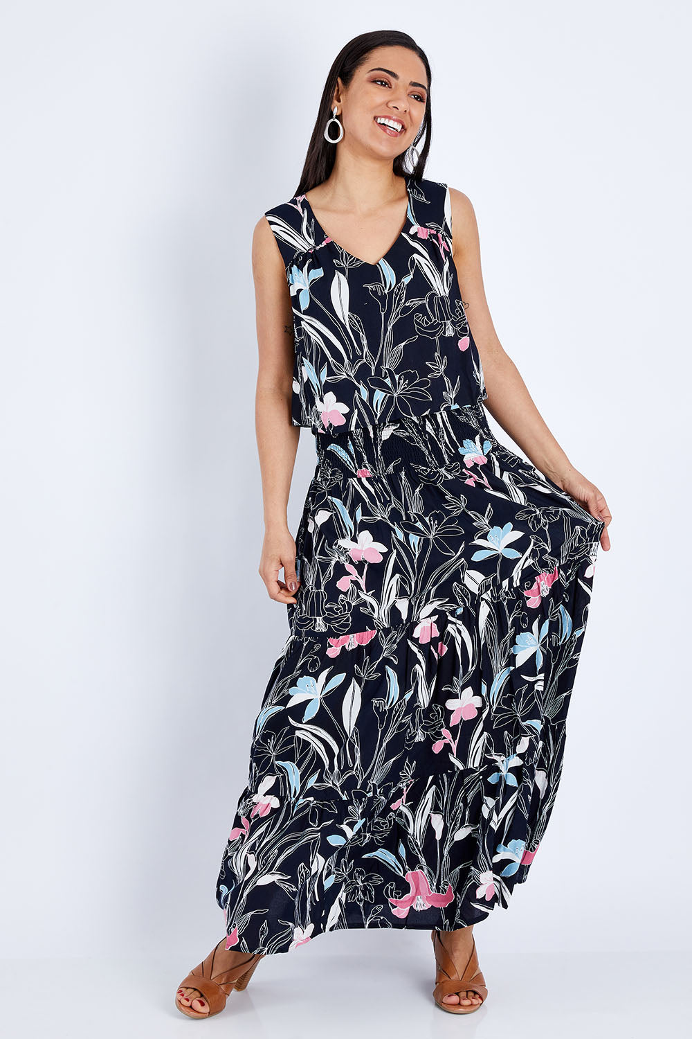 Model Pamela wearing size 10 of The Overlay Maxi Dress in colour Floral (Black), from the front, showing the whole outfit