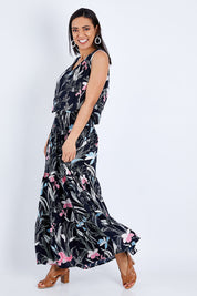 Model Pamela wearing size 10 of The Overlay Maxi Dress in colour Floral (Black), from the front, showing the whole outfit