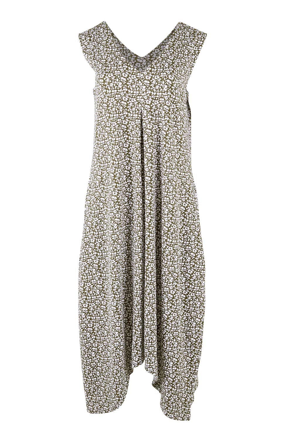 Product shot of The Uneven Hem Dress in colour Khaki (Green), from the front