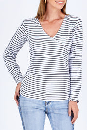 Model Riina wearing size 10 of The Wrap Jersey Top in colour NavyStripe (Blue), from the front, cropped image