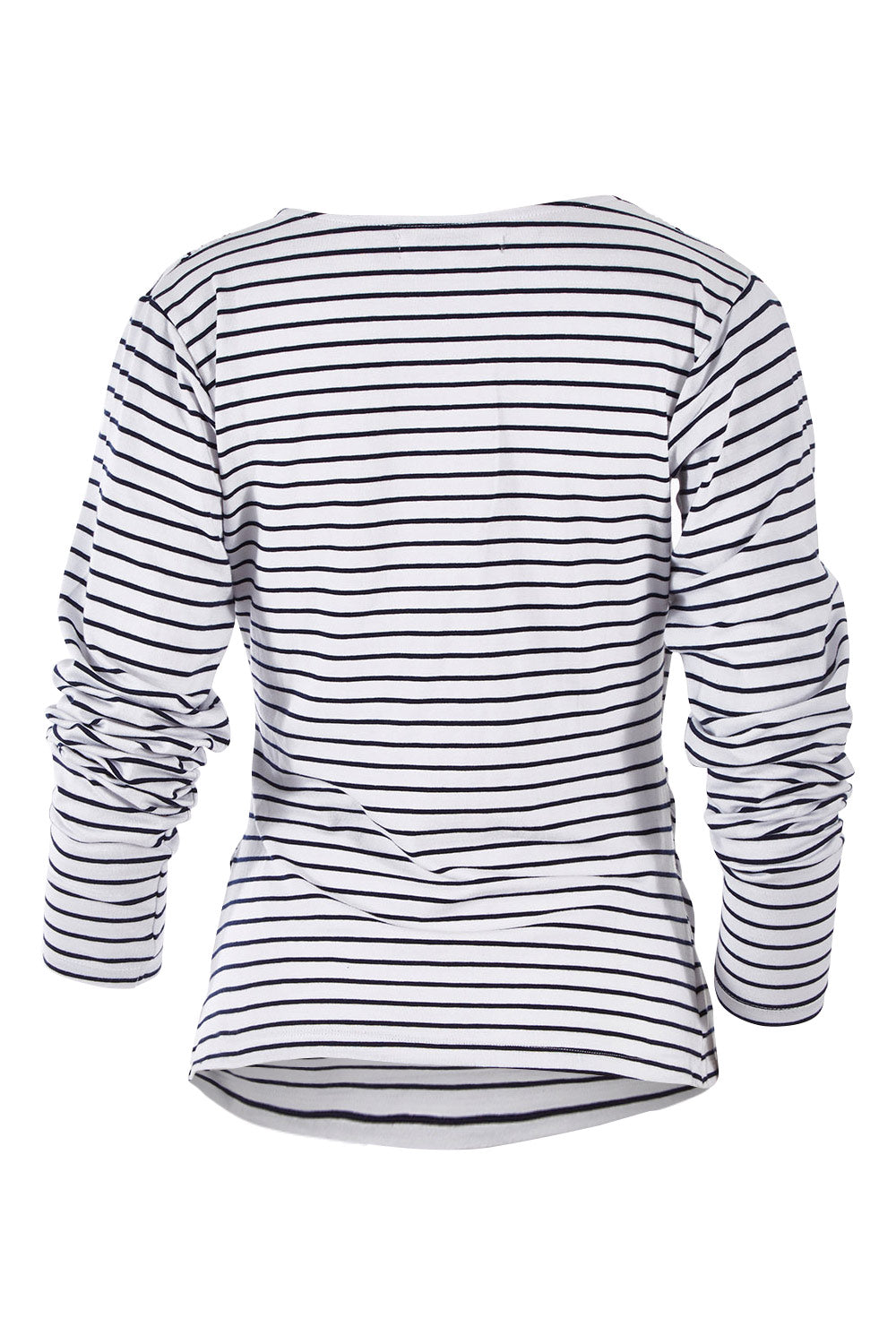 Product shot of The Wrap Jersey Top in colour NavyStripe (Blue), from the back