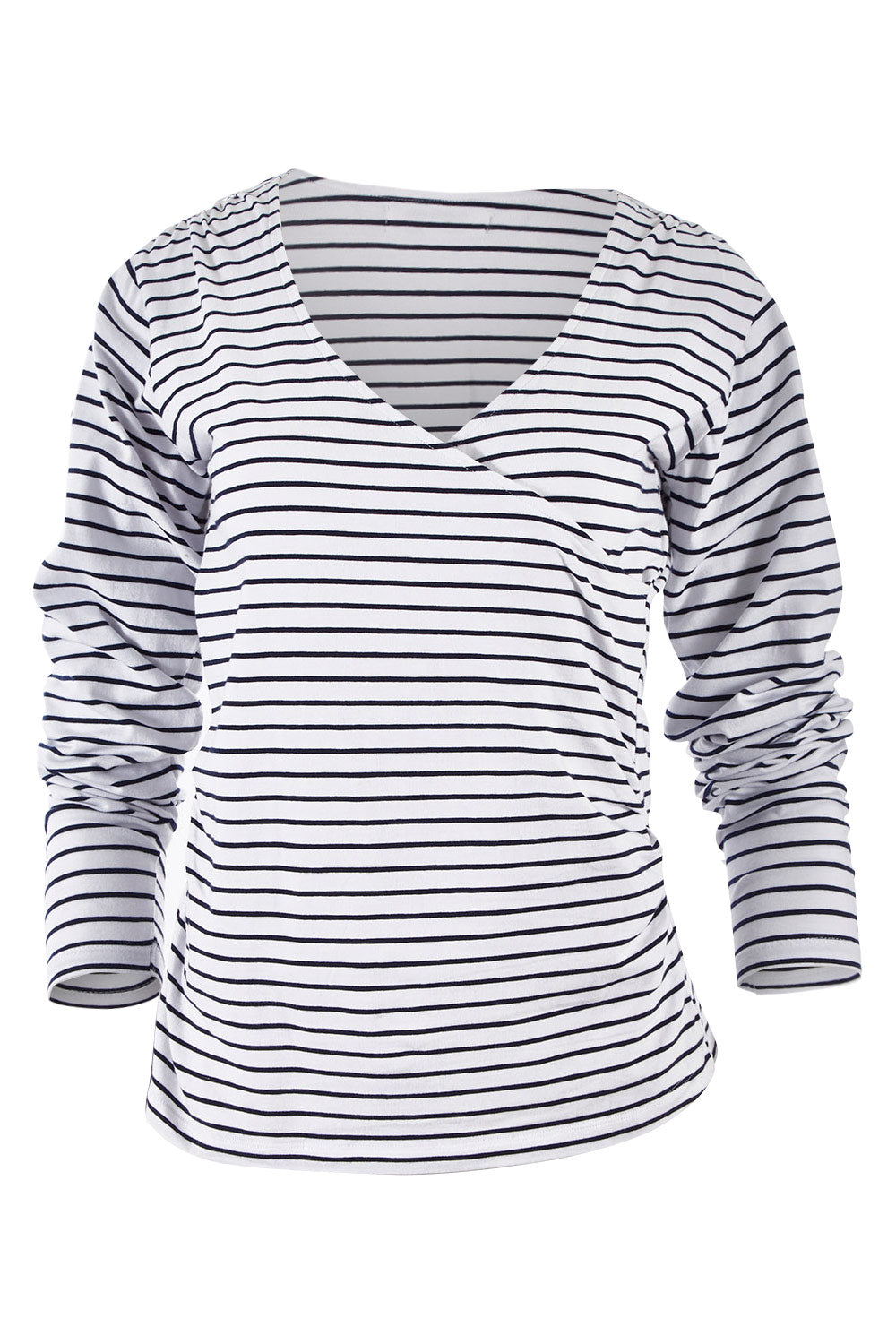 Product shot of The Wrap Jersey Top in colour NavyStripe (Blue), from the front