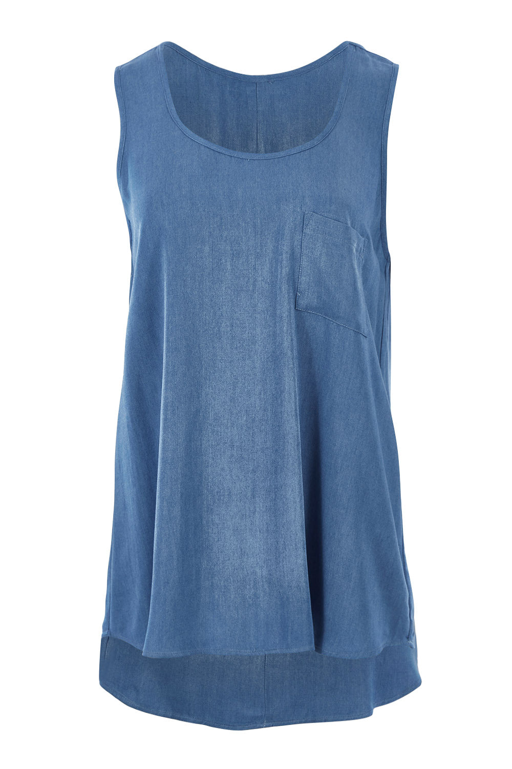 Product shot of The Pocket Tank Top in colour Chambray (Blue), from the front