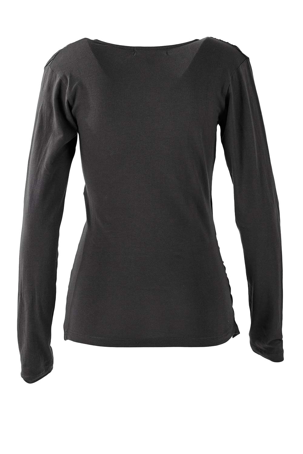 Product shot of The Wrap Jersey Top in colour Charcoal (Grey), from the back