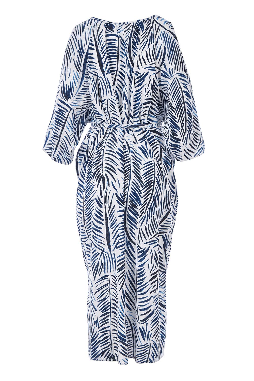 Product shot of The Open Shoulder Dress in colour Print (Blue), from the back