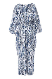 Product shot of The Open Shoulder Dress in colour Print (Blue), from the back