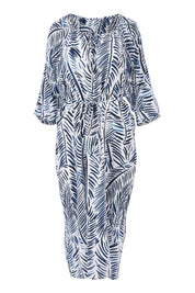 Product shot of The Open Shoulder Dress in colour Print (Blue), from the front