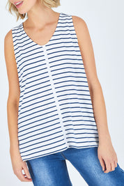 Model Chelsea wearing size 10 of The Cotton Bamboo Tank in colour Navystripe (Blue), from the front, cropped image