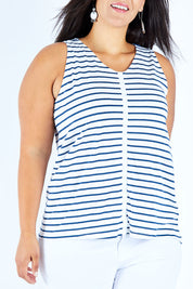 Model Lauren wearing size 18 of The Cotton Bamboo Tank in colour Navystripe (Blue), from the front, cropped image