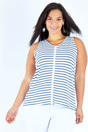 Model Lauren wearing size 18 of The Cotton Bamboo Tank in colour Navystripe (Blue), from the front, cropped image