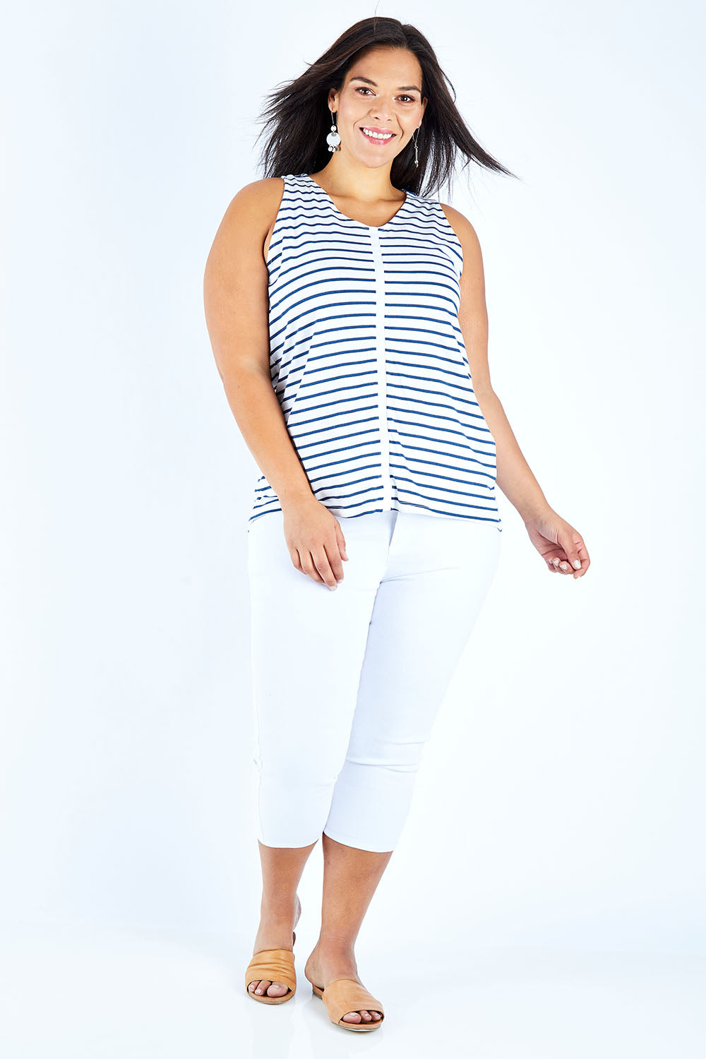 Model Lauren wearing size 18 of The Cotton Bamboo Tank in colour Navystripe (Blue), from the front, showing the whole outfit