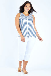 Model Lauren wearing size 18 of The Cotton Bamboo Tank in colour Navystripe (Blue), from the front, showing the whole outfit