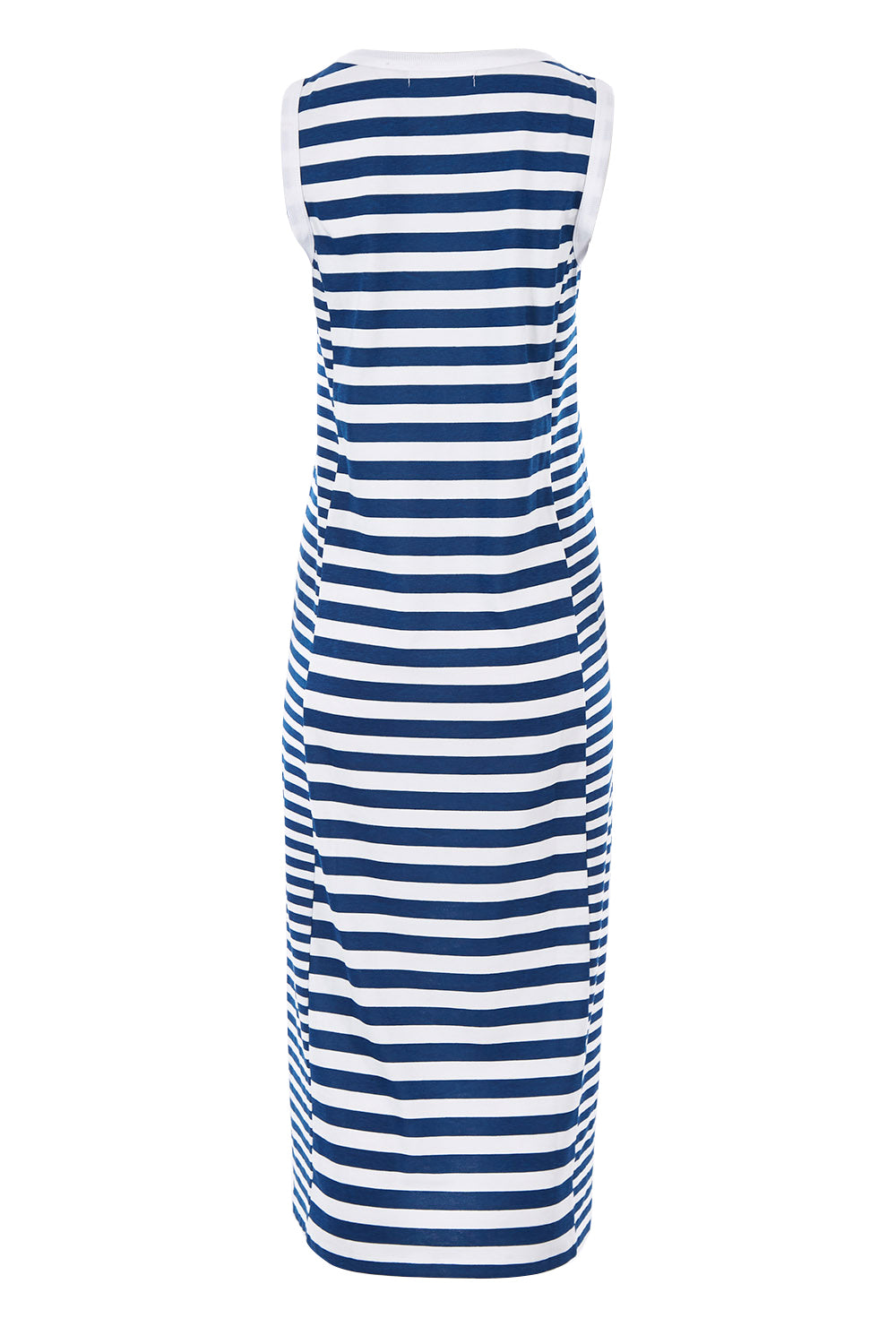 Product shot of The Striped Panel Midi Dress in colour Navystripe (Blue), from the back