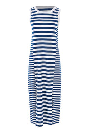 Product shot of The Striped Panel Midi Dress in colour Navystripe (Blue), from the front