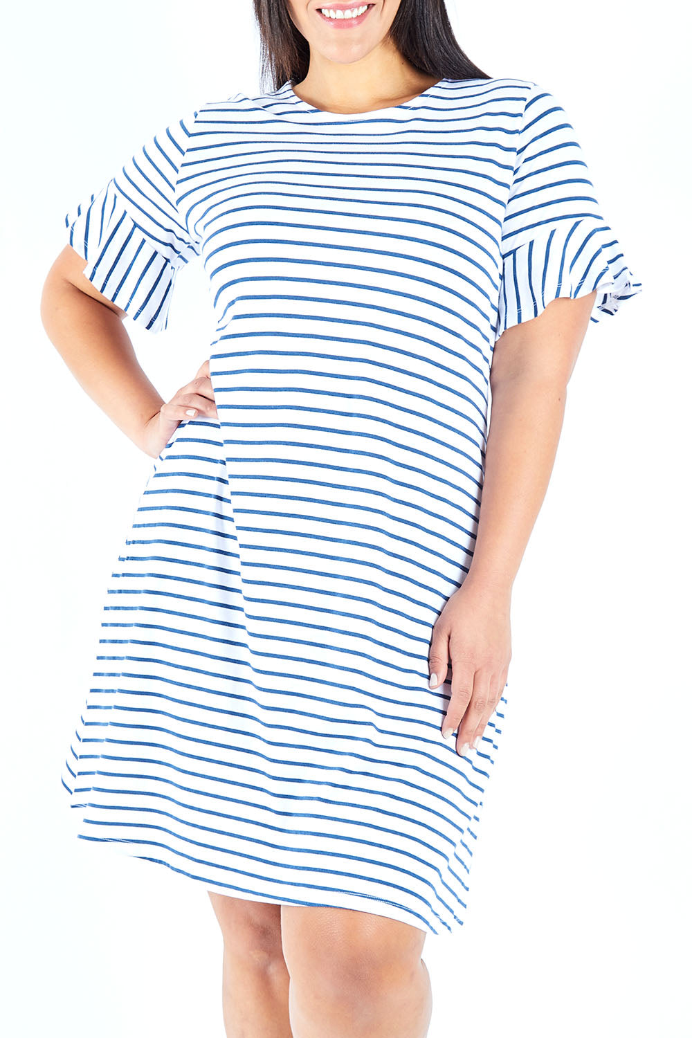 Model Lauren wearing size 18 of The Cotton Bamboo Frill Dress in colour Navystripe (Blue), from the front, cropped image