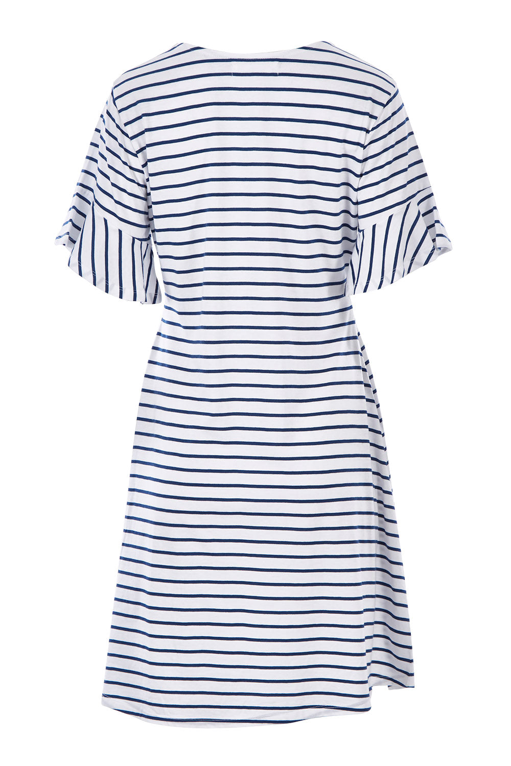 Product shot of The Cotton Bamboo Frill Dress in colour Navystripe (Blue), from the back