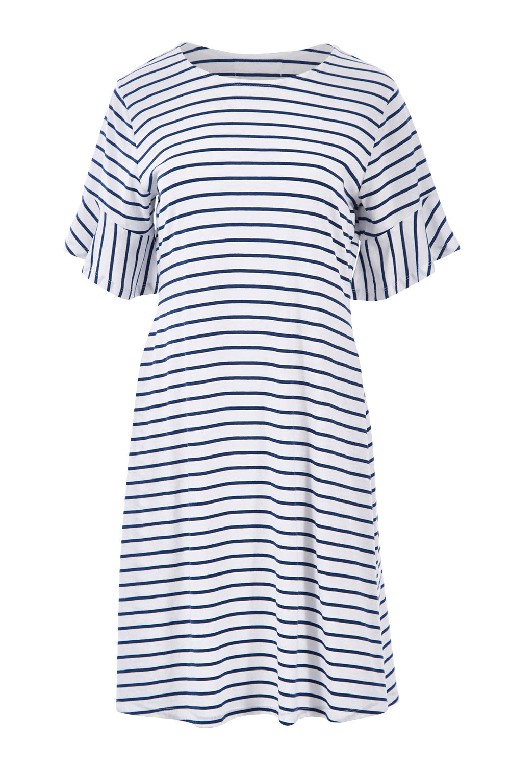 Product shot of The Cotton Bamboo Frill Dress in colour Navystripe (Blue), from the front
