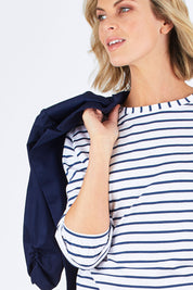 Model Chelsea wearing size 10 of The Cotton Bamboo L/S Top in colour NavyStripe (Blue), from the front, cropped image