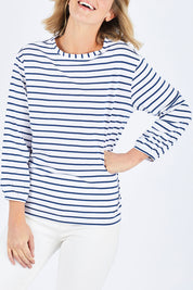 Model Chelsea wearing size 10 of The Cotton Bamboo L/S Top in colour NavyStripe (Blue), from the front, cropped image