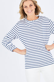 Model Chelsea wearing size 10 of The Cotton Bamboo L/S Top in colour NavyStripe (Blue), from the front, cropped image