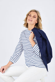 Model Chelsea wearing size 10 of The Cotton Bamboo L/S Top in colour NavyStripe (Blue), from the front, cropped image