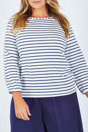 Model Fiona wearing size 16 of The Cotton Bamboo L/S Top in colour NavyStripe (Blue), from the front, cropped image