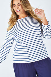 Model Fiona wearing size 16 of The Cotton Bamboo L/S Top in colour NavyStripe (Blue), from the front, cropped image