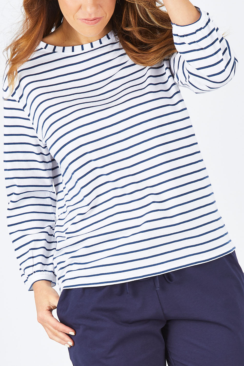 Model Laura wearing size 14 of The Cotton Bamboo L/S Top in colour NavyStripe (Blue), from the front, cropped image