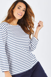 Model Laura wearing size 14 of The Cotton Bamboo L/S Top in colour NavyStripe (Blue), from the front, cropped image